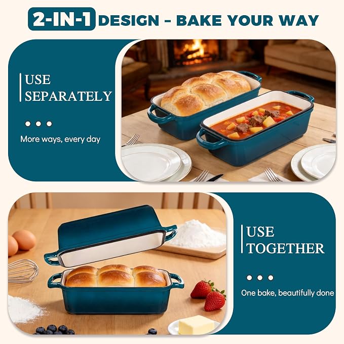 11x5 Inch Cast Iron Loaf Pan with Lid, Sourdough Bread Baking | Large Loaf Pans for Baking Bread, Even Heat Distribution Dutch Oven Bread Pan for Homemade Bread, Meatloaf (5.8Qt, Teal)