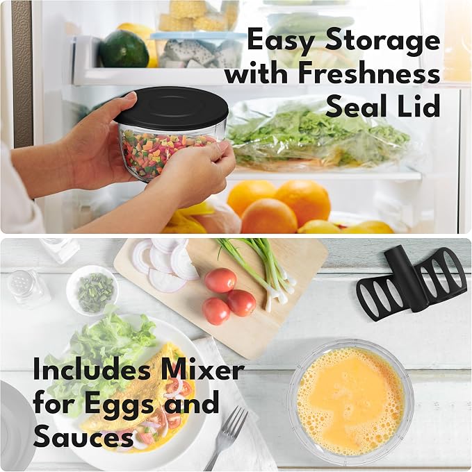 LEBENLANG Manual Food Processor & Onion Chopper - 26 OZ incl. Useful Acessory I BPA-Free I Manual Food Chopper with pull string for garlic & veggie chop I Food mincer vegetable cutter hand pull held