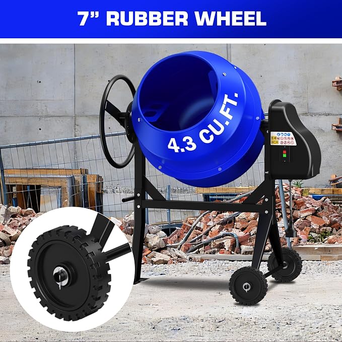120L Electric Cement Mixer, 4.3 Cubic Ft. 450W 3/5HP Portable Concrete Mixer Machine with Stand And Wheels for Stucco, Mortar, Seeds, Blue-2026 Upgraded