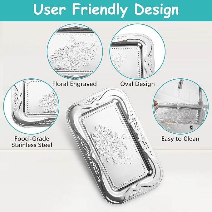 Silver Serving Tray Set of 6, 14 x 9 Inch Silver Platters for Serving Food Party, Bow Floral Engraved Mirror Trays for Charcuterie Cookies Desserts Snacks Fruit, Weddings Birthdays Festive Occasions