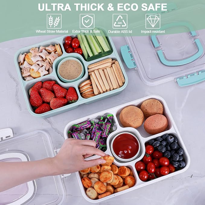 Large Snackle Box Container with Dip Container, 5 Compartments Snack Container with Lid and Handle, Veggie Fruit Divided Serving Tray for Party, Picnic, Dishwasher Safe, BPA-Free