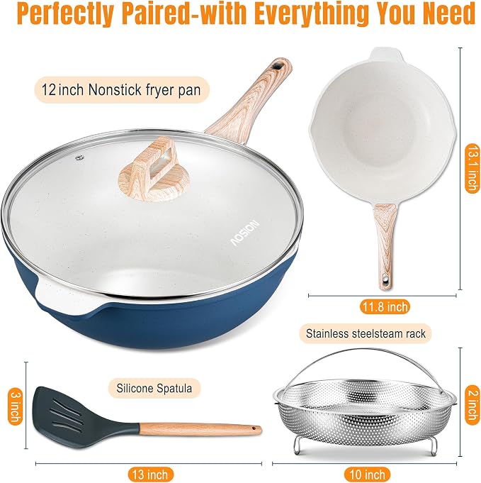 AOSION 12 Inch Nonstick Ceramic Deep Frying Pan with Lid & Steam Rack, 5.5QT Sauté Pan, Large Ceramic Skillet,Stay Cool Handle, Induction Compatible, PFOA & PFAS Free,blue.