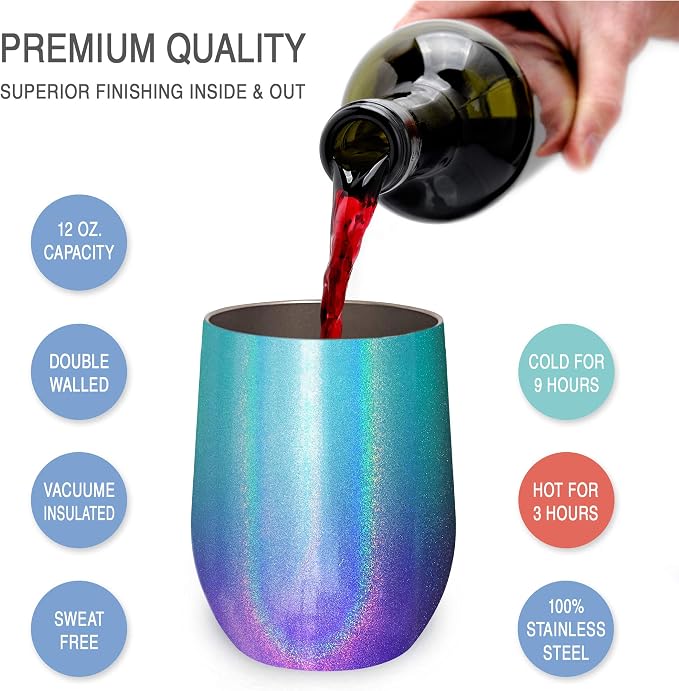 CHILLOUT LIFE 12 oz Stainless Steel Wine Tumbler with Lid - Double Wall Vacuum Insulated Wine Cup Glass Keeping Cold & Hot for Coffee, Champagne, Cocktails, Ice Cream - Mermaid Sparkle