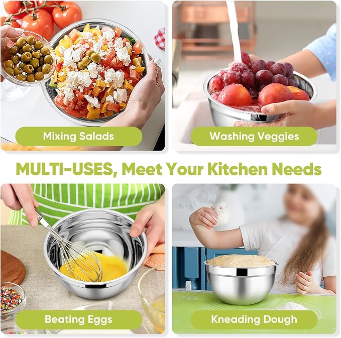TeamFar Mixing Bowls Set of 5, Stainless Steel Metal Salad Bowls with Lids | 4.5/3/1.5/1/0.7 QT, Nesting Bowls for Mixing Prepping Serving, Non-Toxic & Sturdy, Airtight Lid & Easy Clean, Multi-Color