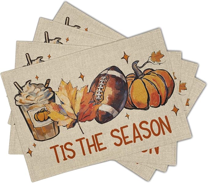 Fall Football Placemats Set of 6 18x12 Inch Autumn Rugby Pumpkins Leaves Linen Place Mats Heat-Resistant Washable Wipeable Tis The Season Table Mat for Party Kitchen Dining Room Dinner Table Decor