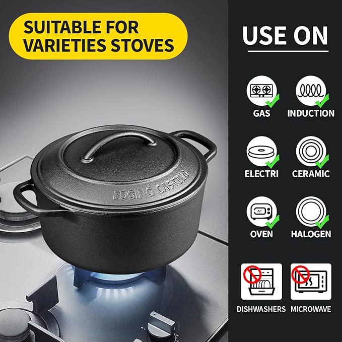 EDGING CASTING Pre-Seasoned Cast Iron Dutch Oven Pot with Lid Dual Handle, Sourdough Bread Baking Pots, Bread Oven, Camping, Grill, Induction, Electric, Round 7 Quart, Black