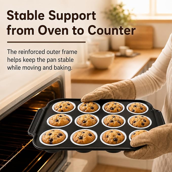 Silicone Muffin Pans for Baking, 12-Cup Muffin Tin with Metal Frame | Reinforced Metal Frame, 12-Cup Size, Easy Release Cups, Nonstick Silicone, Oven & Dishwasher Safe