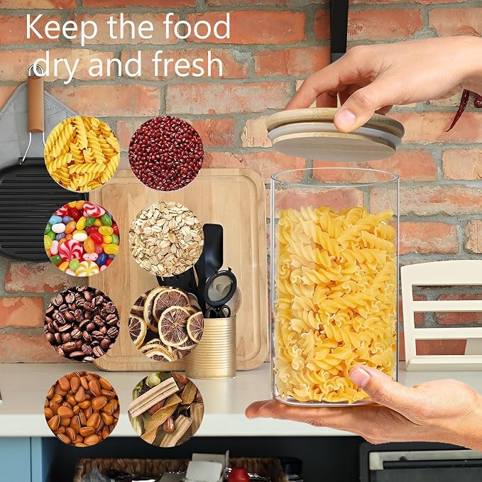 1.5 Qt Round Glass Storage Containers with Lids, Clear Food Storage Container Jar with Sealing Bamboo Lid for Noodles Flour Cereal Rice Sugar Tea Coffee Beans（Round-3Pack ）