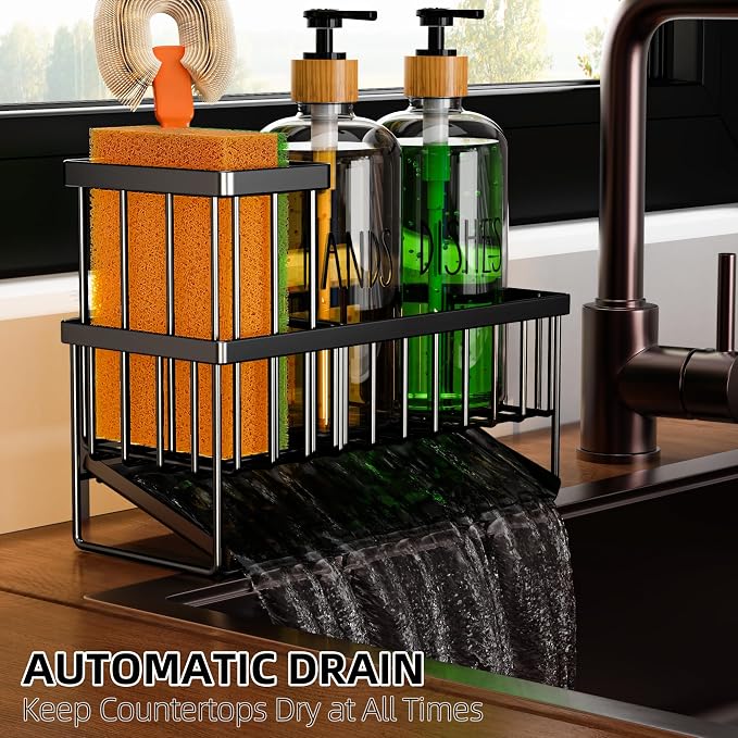 Cisily Kitchen Dish Soap Dispenser Set with 2 Pack 16.9oz Amber Glass Bottle and Sponge Holder, Dish Soap Dispensers with Adjustable Sponge Holder, Vintage Hand and Dish Soap Dispensers Set
