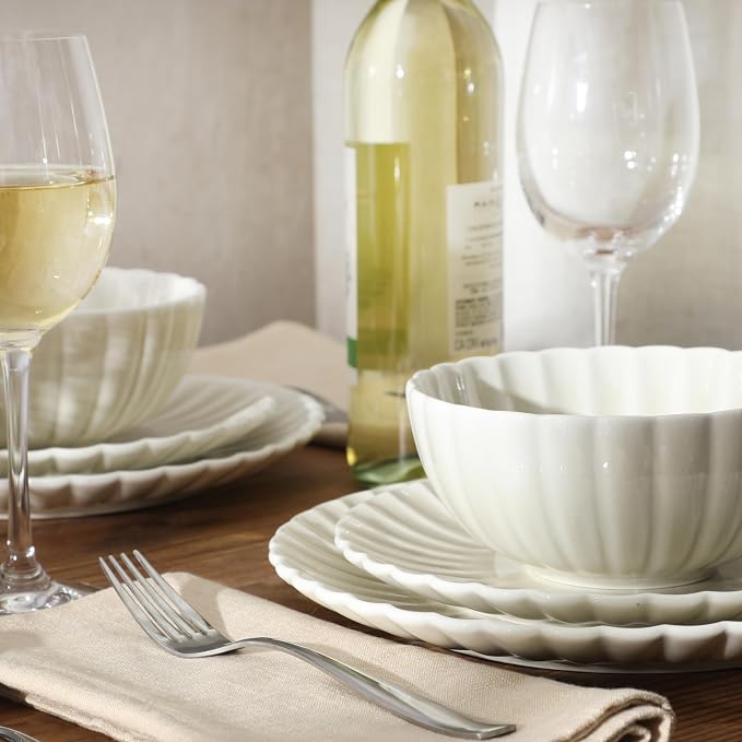Gibson Elite Peach Orchard 12-Piece New Bone China Dinnerware Set Service for 4, Embossed Fluted Plates and Bowls, Dishwasher and Microwave Safe, Cream White