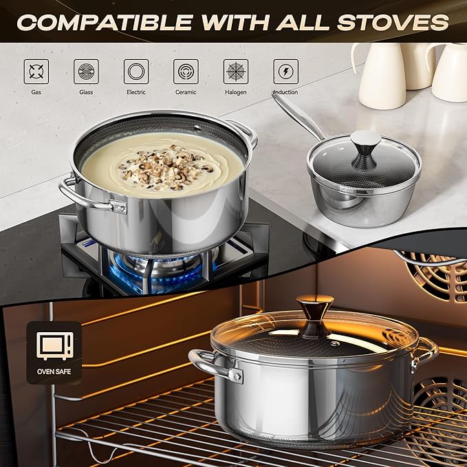 Hybrid Nonstick 2-Quart Stockpot,8 Inch Stainless Steel Stockpot with Glass Lid,PFAS PFOA PTFE Free, Dishwasher-Friendly, Oven-Safe Up to 600°F,Non-stick Soup Pot Compatible with All Cooktops