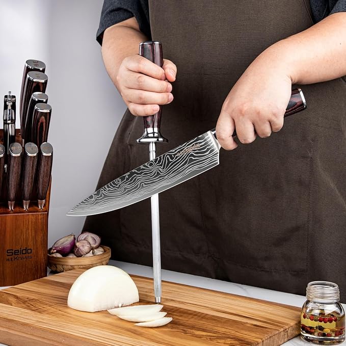 Seido Master 17-Piece Damascus Knife Block Set, Acacia Wood Block | Damascus steel kitchen knives with matching storage block for complete home chef prep