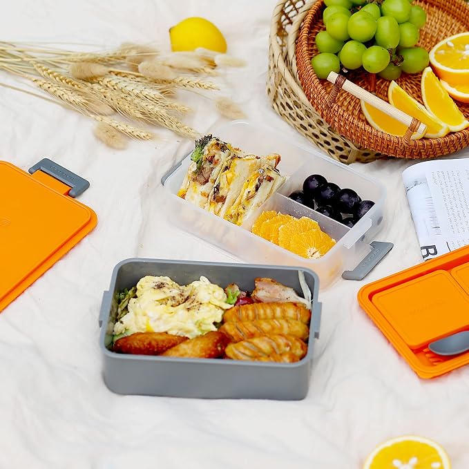 Stackable 2-Tier Adult Bento Box, 4 Compartments - Lava Orange | leakproof bento lunch box with fork & spoon + sauce cups, microwave/dishwasher safe, perfect for office, school & daily meals