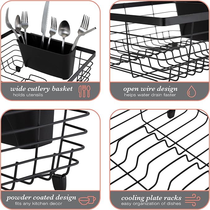 Kitchen Details Flat Wire Countertop or Over The Sink Dish Drying Rack with Cutlery Basket | Holds up 10 Dishes | Mugs | Kitchen Accessories | Black