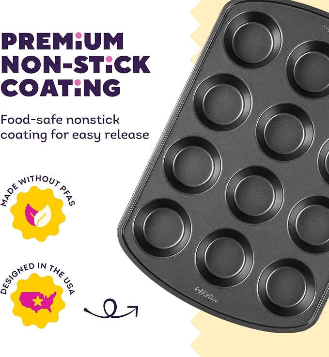 Wilton Gold Non-Stick Muffin Pan, Made Without PFAS, 12-Cup | Non-Stick Steel with Scratch-Resistant Coating, Resists Warping, Extended Handles, Dishwasher Safe, Perfect for Cupcakes