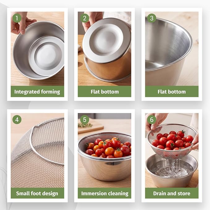 Mini Colander Food Strainer | Fine Mesh Colander with Bowl, 307 Stainless Steel, Strainer for Washing Fruits Vegetables Rice, Kitchen Cooking Prep