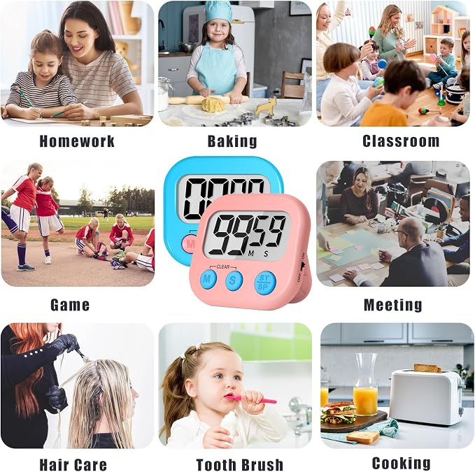 ZILLEEN Digital Kitchen Timers for Cooking Kids Blue Pink 6 Pack | Strong Magnetic, Large Screen, Big Button, Timers for Kids Classroom Cooking Egg Teacher Exercise Study