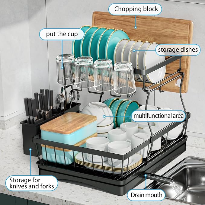 7 code 2-Tier Large Dish Drying Rack for Kitchen Counter, Black | Detachable Large Capacity Dish Drainer Organizer with Auto Drain, Anti-Rust Dish Rack with Cup & Utensil Holders