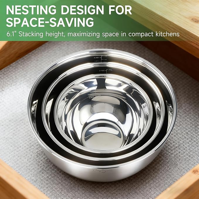 Mixing Bowls with Clear Airtight Lids, 3-Piece Stainless Steel Set, Black | Silicone Vent Plug, Secure Seal Design, 1.5/3/5 QT, Dishwasher-Safe Lids, Non-Slip Base, Measurement Marks, Nesting Design