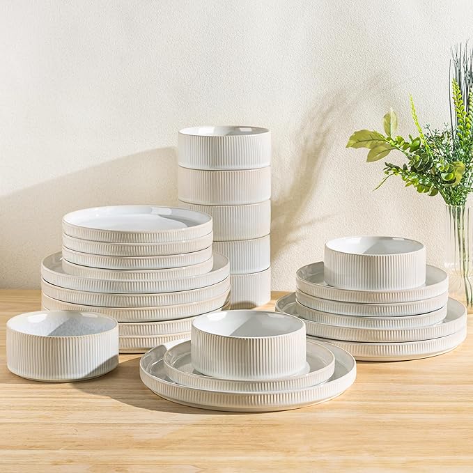 Ceramic Dinnerware Set for 8, 24-Piece Plates and Bowls Set | Lightweight Porcelain Dish Set, Scratch Resistant, Oven & Microwave & Dishwasher Safe, Reactive White
