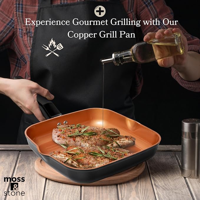 Moss & Stone 9.5" Grill Pan For Indoor Cooking, Induction Copper Pan | Aluminum Square Frying Pan Copper, Non-Stick Sauté Fry Pan for Meats & Vegetables, Griddle Nonstick Stove Top Grill Pan
