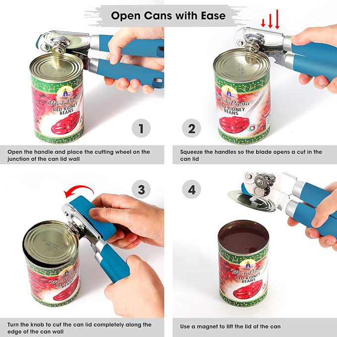 Beneno Heavy Duty Hand Can Opener Manual with Magnet Lid Remover, Aqua | Razor-Sharp Carbon Steel Blade, Precise Smooth Cutting Gear, Big Effort-Saving Knob, Soft Grip Handle, Built-in Bottle Opener