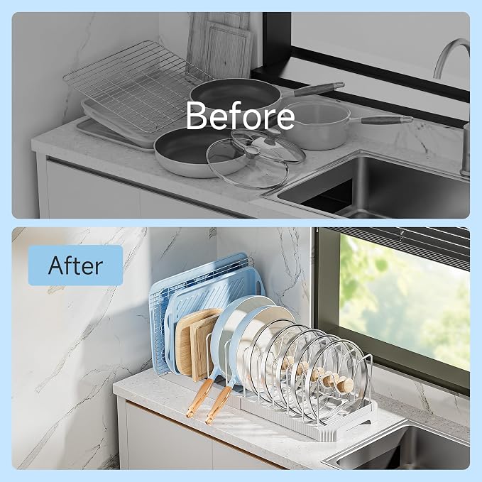 MUDEELA Pots and Pans Organizer under Cabinet, Pan Pot Organizer Inside Cabinet, Expandable 12.9''-21.88'' Pot Lid Organizer Holder with 12 Adjustable Dividers for Cutting Boards, Pan Lid Rack, White
