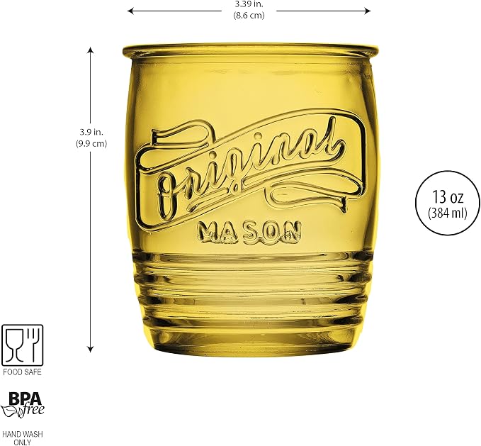 Glaver's Set Of 4 Original Mason Collins Glasses Assorted Colored Drinking Glasses For Juice Smoothies Cocktails Fine Beverage Glass Cups HAND WASH(Original Mason Whiskey Colored 13 OZ.)