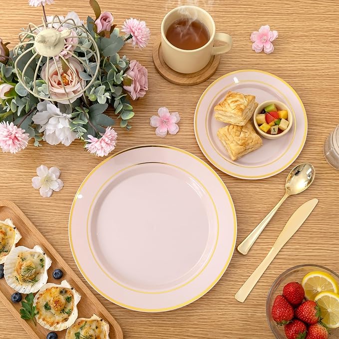 350PCS Pink Disposable Plates - Pink Plastic Plates 50Guests Plastic Dinnerware Sets with Rolled Napkins for Wedding/Birthday/Baby shower