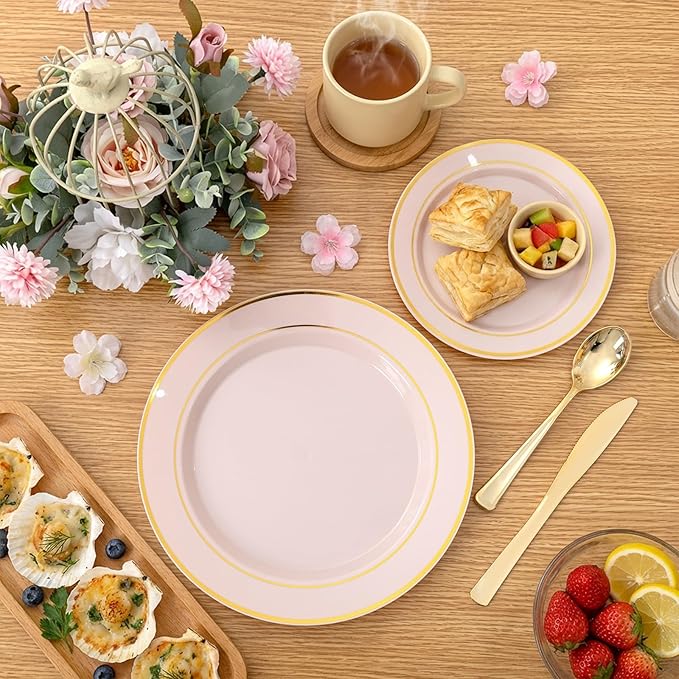 175PCS Pink plastic Plates - Pink Disposable Plates 25Guests Disposable Dinnerware Sets with Rolled Napkins for Wedding/Birthday/Baby Shower