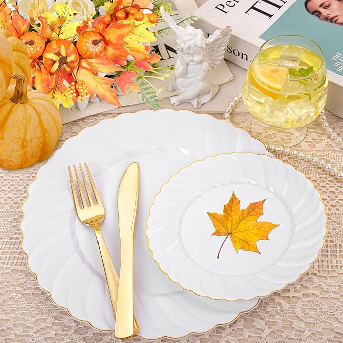 YOUBET 125PCS White and Gold Plastic Plates for Wedding Parties | White Plates Disposable with Gold Rim Include 25 Dinner Plate 25 Dessert Plate 75 Gold Silverwares