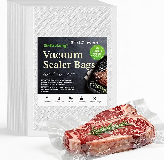 Precut Vacuum Sealer Bags For Food Quart Size 8" x 12" (200 Pack) | Commercial Grade BPA Free Food Vacuum Bag for FoodSaver, Sous Vide Cooking & Freezer Storage, Food Saver Replacement