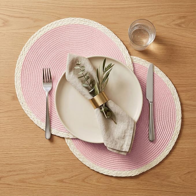 Round Placemats Set of 4, Woven Table Mats, Mint Pink | Braided Paper Edge, 15 Inch Diameter, Fits Dinner Plate and Flatware, Wipeable, Heat Resistant, Indoor Dining, Outdoor Patio