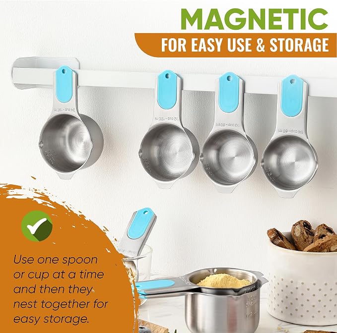 Spring Chef Magnetic Measuring Cups & Spoons Set of 16, Patented, Aqua Sky | Stackable Stainless Steel Measuring Cups & Heavy Duty Metal Measuring Spoons with Levelers for Dry & Liquid Ingredients