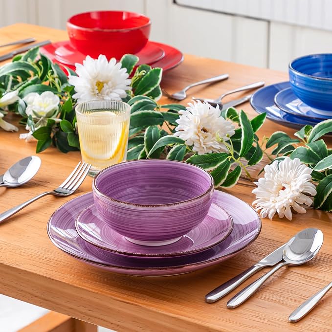 vancasso Bonita Dinnerware Set Multicolor Stoneware 18 Pieces Service for 6 | Handpainted Spirals Pattern Stoneware Plates and Bowls Set, Modern Round Dishes Sets, Microwave and Dishwasher Safe