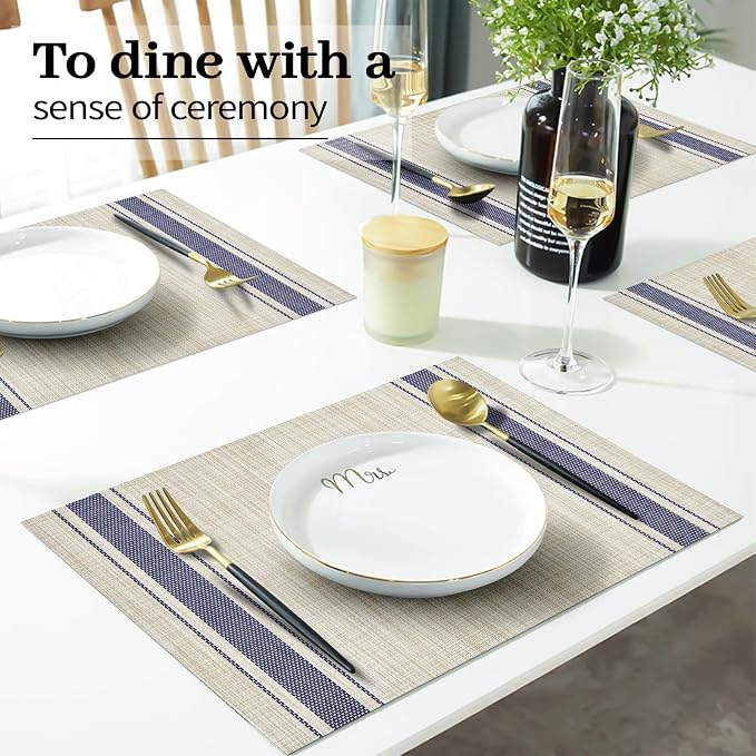 Khaki Blue Placemats Set of 6, 12x18 Inch Faux Linen Table Mats | Heat Resistant and Washable Design, Easy to Clean Surface for Dining Rooms, Kitchens, Outdoor Parties and Everyday Home Decor