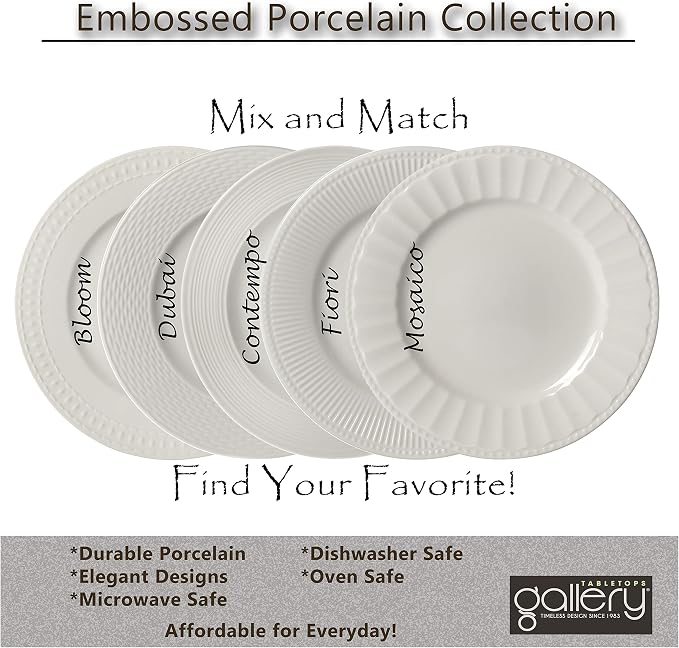 Tabletops Gallery Embossed Bone White Porcelain Round Dinnerware Collection- Chip Resistant Scratch Resistant, Mosaico 16 Piece Dinnerware Set (Dinner Plate, Salad Plate, Cereal Bowl, Mug)