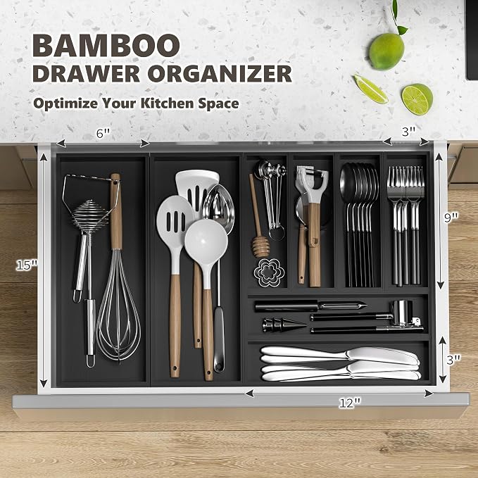 Kitchen Drawer Organizer Bins, Black Bamboo Drawer Organizer Stackable for Silverware, Utensils, Cutlery, Flatware, for Junk Drawer, Dresser, Bathroom, 12" x 3" x 2.5" (Set of 2)