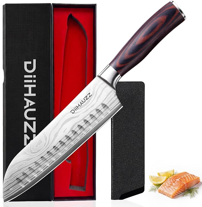 DiiHAUZZ 7" Santoku Knife, Japanese Chef Knife with Non-Stick Granton Edge | High Carbon Stainless Steel, Razor Sharp Edge, Ergonomic Handle, No Crack or Shrink Pakkawood, 59HRC, Sheath & Gift Box