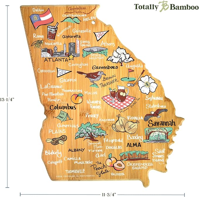 Totally Bamboo Georgia State Shaped Cutting Board, Art by Fish Kiss | State charcuterie board with colorful hand-drawn map artwork. Smooth reverse side for food prep. Hang tie for wall display.