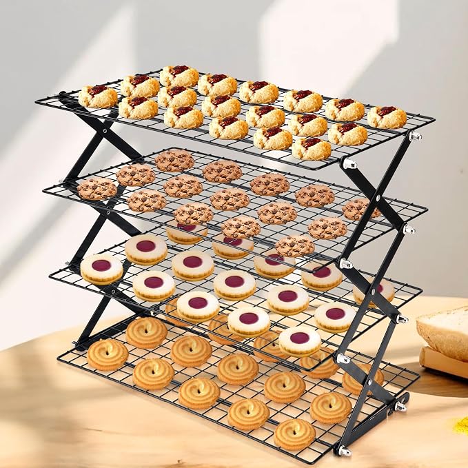 2/3/4-Tier Collapsible Cooling Rack for Baking,Folding Cooling Grid,Adjustable Stackable Roasting Cooking Drying Wire Cooling Rack for Cookies Baking
