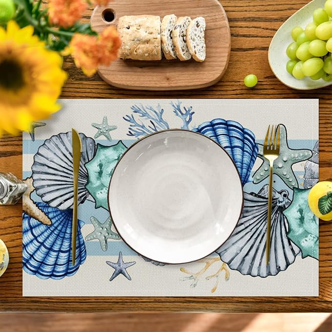 Sea Shell Starfish Beach Placemats Set of 4, 12x18 Inch Seasonal Spring Ocean Coastal Washable Linen Nautical Table Mats for Party Kitchen Dining Decoration