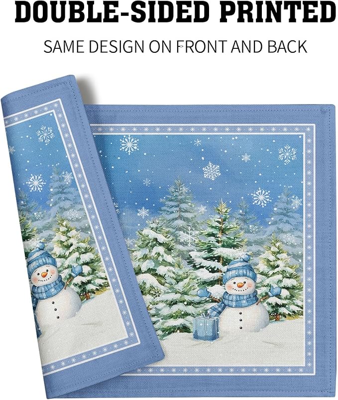 Winter Snowman Placemats Set of 4 - Watercolor Blue Decorative Snowflakes Green Pine Tree Table Mats 12 x 18 Inch Washable Heat Resistant Place Mat for Outdoor Kitchen Dining Decor