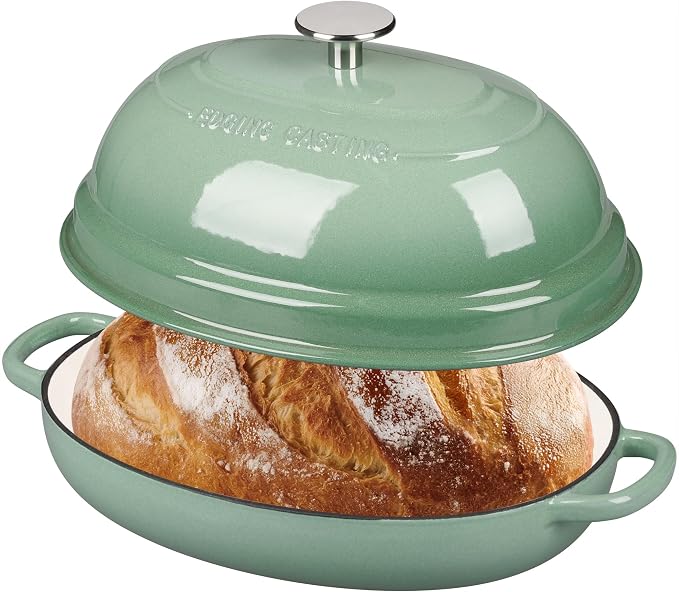 EDGING CASTING Enameled Oval Cast Iron Dutch Oven Pot with Lid, Bread Dutch Oven for Sourdough Bread Baking, Dutch Oven Bread, Bread Oven, 6QT, Sage Green