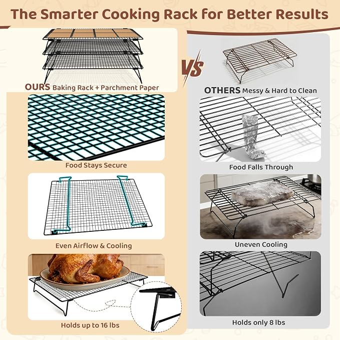 3 Tier 17" x 11" Cooling Rack for Cooking and Baking w/100 Papers | Drying Baking Rack for Baking Sheet, Stackable Cookie Cooling Rack for Pizza, Bread, Cake, Veggie, Jerky