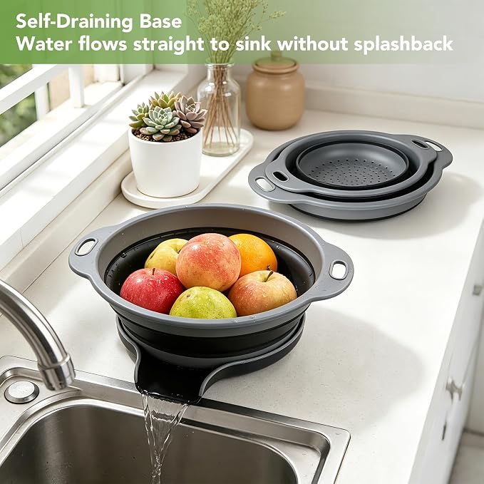 3-Pack Collapsible Colander for Kitchen with Self-Draining Base Foldable Strainers Set Round Silicone Food Drainer for Pasta Fruits and Vegetables (3QT, 4QT and 5QT), Black