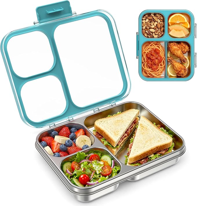 LOHASOK Stainless Steel Bento Lunch Box, 34oz/1000ml, Blue | 3-Compartment, Leak Proof, Lightweight, Clear Plastic Lid, for Kids Adults, BPA/BPS Free, Dishwasher Safe