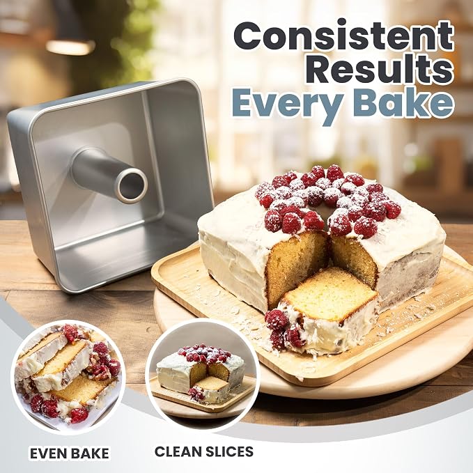 One-Piece Square Tube Cake Pan, 18 Cup, Anodized Aluminum, 9 x 9 x 4.5 in, Seamless Design, Easy Release, Even Heat, for Angel Food, Chiffon, Sponge, Mile High & Pound Cakes