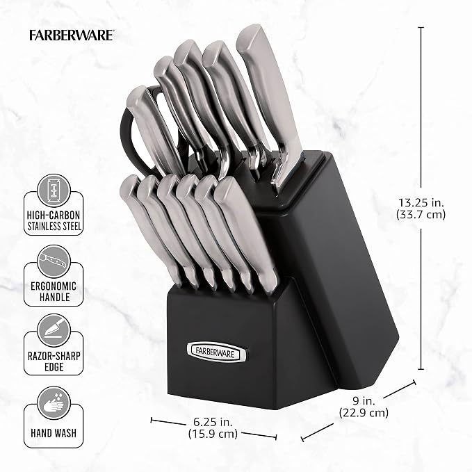 Farberware Self-Sharpening Knife Block Set, 13-Piece Kitchen Knife Set with EdgeKeeper Technology, High-Carbon Stainless Steel Blades, Ergonomic Hollow Handles, Black Wood Block
