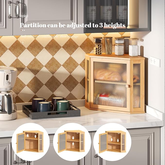 STDDRE Corner Bread Box Kitchen Countertop Extra Large Capacity Farmhouse Bread Box, Corner Countertop Storage, Double Layer Bread Holder (Natural, Large)
